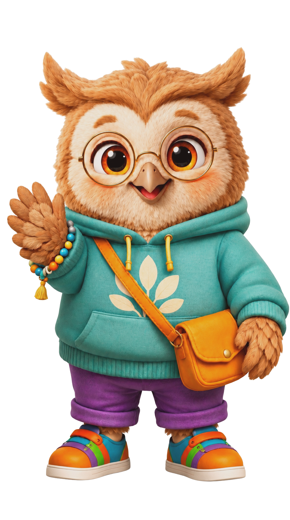 Munch, the curious little owl in his teal hoodie with gold glasses and orange satchel